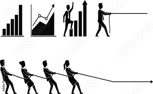 Business team pulling rope together for corporate goal and collective success concept with financial growth charts isolated on white background