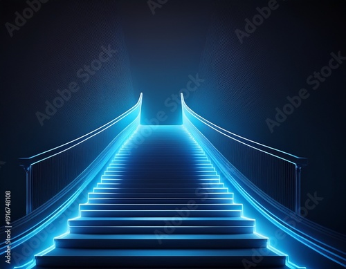 illuminated blue stairs ascending in the darkness of night abstract design concept