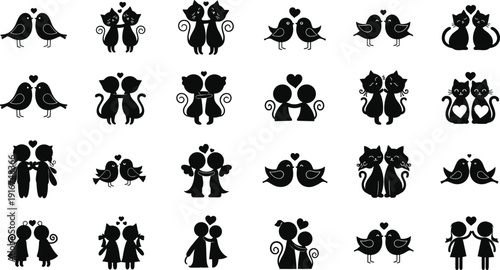 Black and white vector silhouettes of cute animals and couples in love with hearts for valentines day romantic wedding decoration