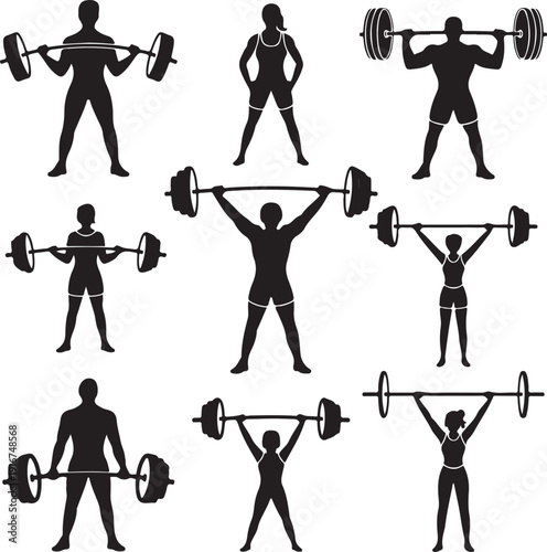 Silhouette of people lifting weights in various poses and exercises
