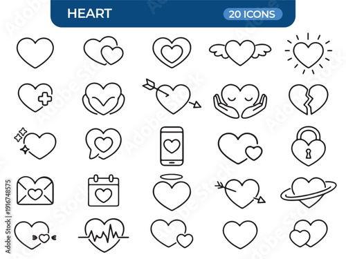 Heart Icon Collection: A comprehensive set of 20 heart icons, designed with a sleek, minimalist style. These icons beautifully represent various aspects of love, care, and emotion.