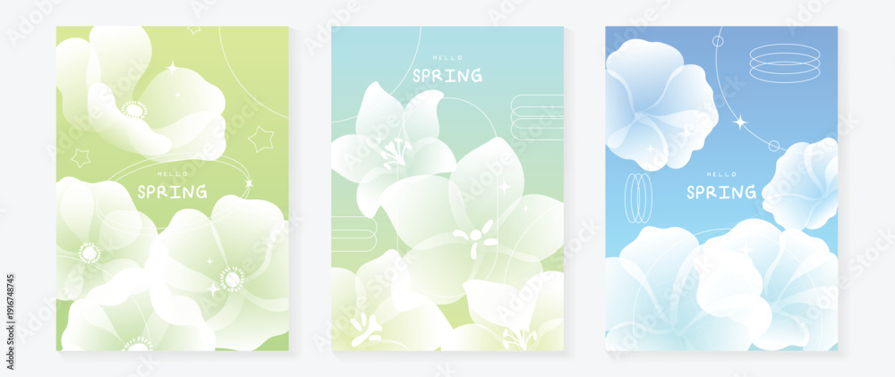 Obraz premium Spring flowers poster vector set. Botanical pastel gradient background and white floral design for spring and summer sale ads, invitation backgrounds, cards, branding, packaging and wall decoration.