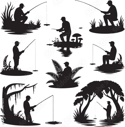 Silhouette of people fishing in various natural settings  men with rods