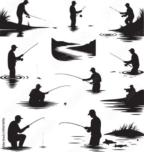Silhouette of people fishing in river with various poses and scenery