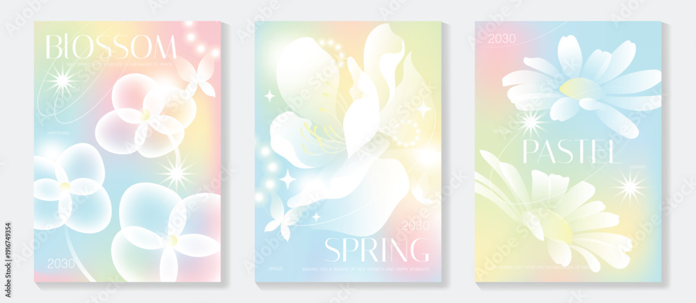 Obraz premium Spring flowers poster vector set. Botanical pastel gradient background and white floral design for spring and summer sale ads, invitation backgrounds, cards, branding, packaging and wall decoration.