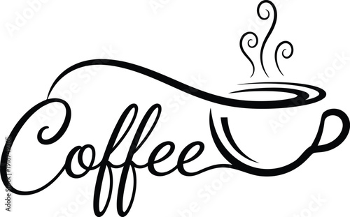 A stylized illustration of a steaming cup of coffee in black lines