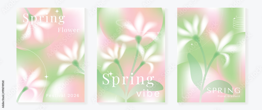 Obraz premium Spring flowers poster vector set. Botanical pastel gradient background and white floral design for spring and summer sale ads, invitation backgrounds, cards, branding, packaging and wall decoration.