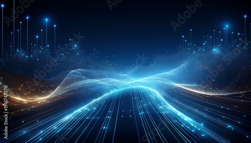 abstract blue technology background with glowing dots and lines representing a digital network or data stream