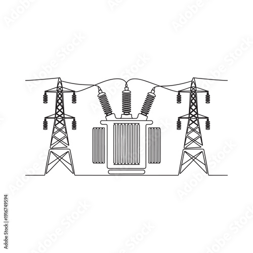 Line drawing of electrical substation with transmission towers and equipment