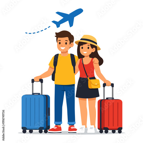Young traveling couple with luggage and airplane icon.