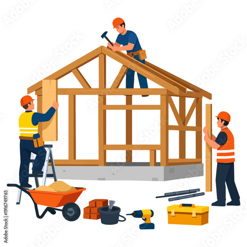 Construction workers building wooden structure with tools and scaffold.