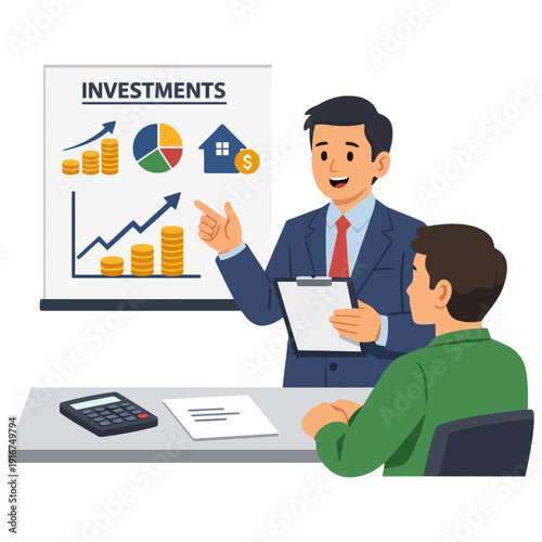 Business meeting with asian male presenter discussing investment strategies with young adult male.