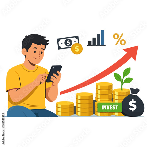 Young asian male investor analyzing financial growth on smartphone with charts and coins.