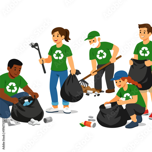 Diverse group of volunteers collecting garbage and recycling.
