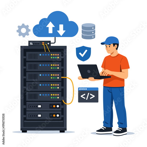 Young hispanic male technician managing cloud server with laptop in data center.