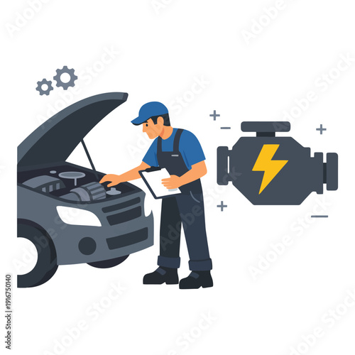 Male mechanic diagnosing car engine with tools and gears illustration.