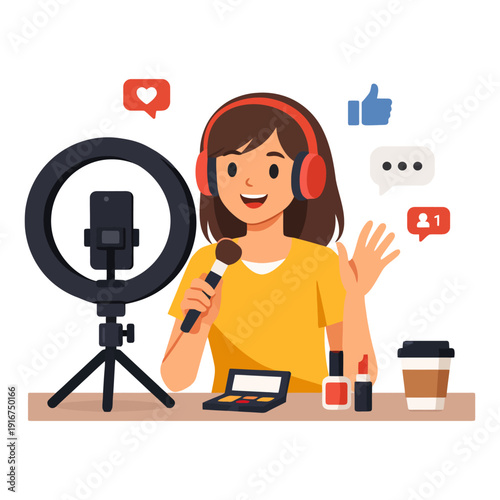 Asian female young influencer streaming makeup tutorial with social media icons.