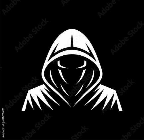 Mysterious Hooded Hacker Character Logo, Ninja Assassin Mascot Vector Illustration in Flat Style
