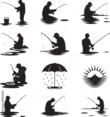 Silhouette of people fishing in various poses on white background
