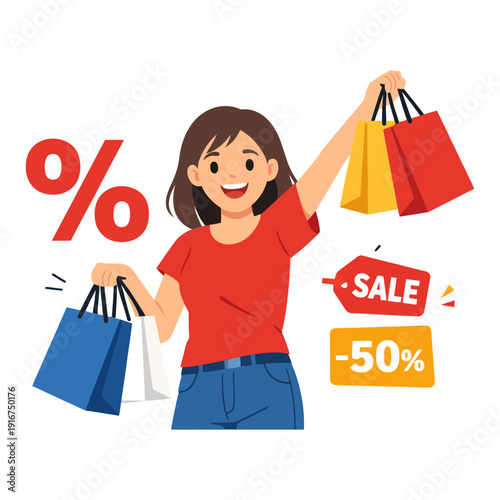 Young asian female shopper celebrating big sale with shopping bags and discount signs.