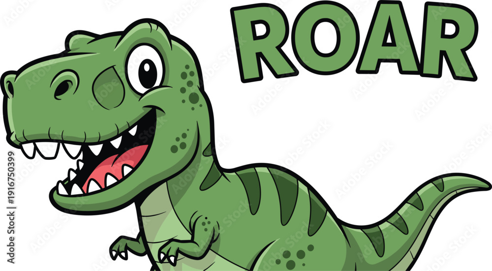 Fototapeta premium Friendly green cartoon Tyrannosaurus Rex dinosaur with an open mouth and big eyes standing next to the word ROAR isolated on white background.