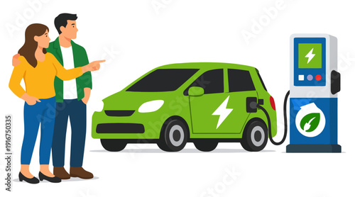 Young caucasian couple charging electric car at station.