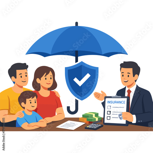 Family insurance consultation with asian male agent under umbrella protection.