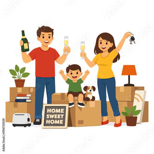 Happy caucasian family moving into new home with boxes and house keys.