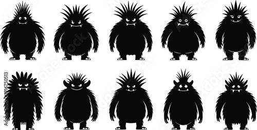 Black and white vector monster silhouettes set with spiky hair and funny faces for kids party invitation stickers and decoration