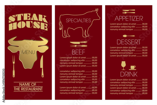 Carte d’un menu de restaurant spécialisé dans la viande de bœuf en 3 parties avec un graphisme simple et clair, doré sur fond rouge.