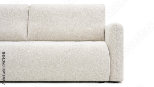 Photography Light beige fabric sofa with rounded armrest and cushioned seating against a whi