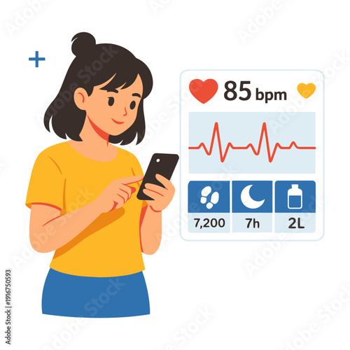 Young asian female monitoring health metrics via smartphone app interface.