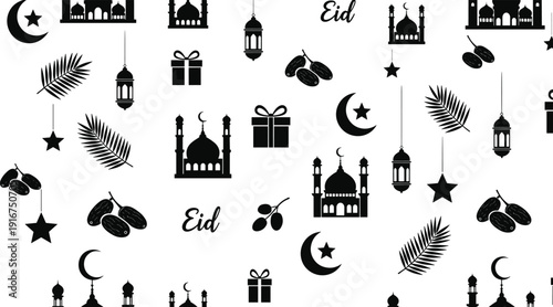 eid ramadan pattern icon set mosque lantern crescent moon star dates gift palm leaf black white vector repeating design