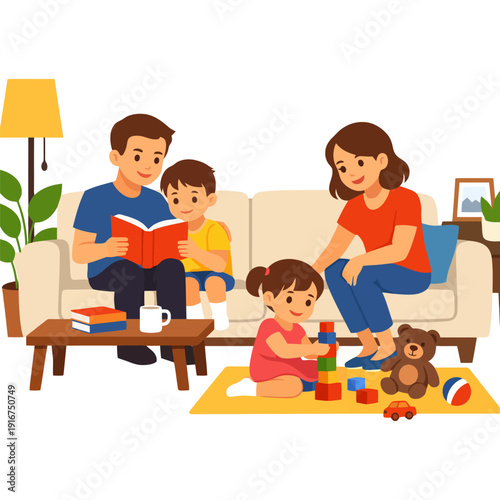 Happy caucasian family enjoying playtime and reading together in cozy living room.