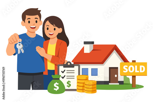 Happy asian couple celebrating new home purchase with house keys and sold sign.