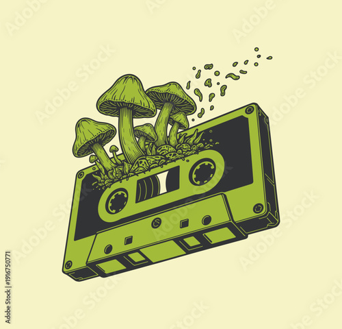 Surreal Mushrooms Growing from Retro Cassette Tape Illustration, Vintage Analog Flat Graphic Art