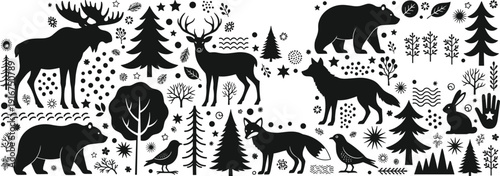 Black and white vector forest animal silhouettes set with moose deer bear wolf fox and trees for rustic nature decoration