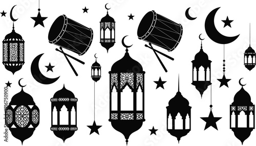 ramadan islamic lantern drum daff crescent moon star vector black white silhouette decoration festival music cultural set traditional holiday celebration