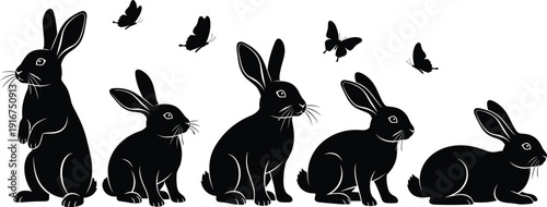 Black and white vector rabbit silhouettes set with butterflies for easter decoration spring nature logo kids room wall art stickers