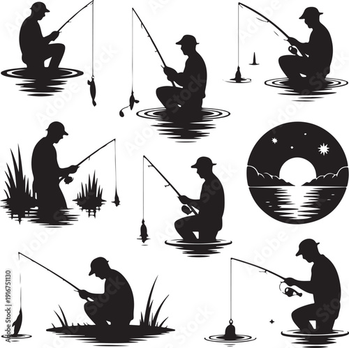 Silhouette of people fishing in water with rods and fish  various scenes