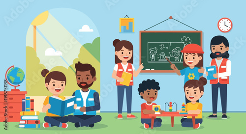 Children and Teachers in a Classroom Learning Scene