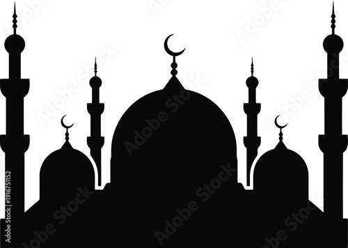 A black silhouette of a mosque with minarets and domes