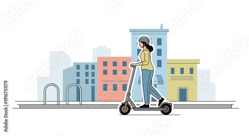 Woman Riding Electric Scooter in Urban Street
