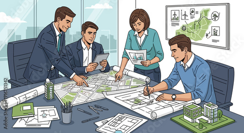 Business Team Collaborating on Urban Planning Project