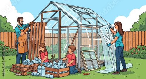 Family and Expert Building a Greenhouse in Backyard