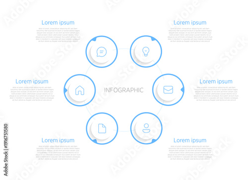6-circle infographic is a popular visual design for presenting processes, cycles, or steps in a circular layout, ideal for business presentations, reports, or data visualization.