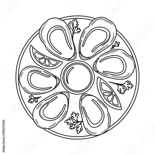 A detailed line drawing of oysters on a serving platter with lemon wedges