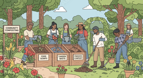 Community Gardening and Composting Team in Outdoor Garden