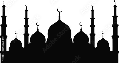 Silhouette of a mosque with domes and minarets