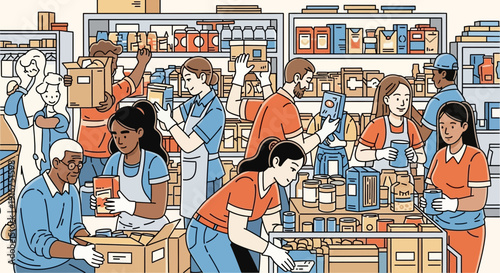 Busy Market Aisle with Store Clerks and Customers